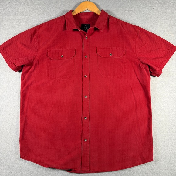 Prana Other - Prana Mens Short Sleeve Button Down Shirt Red Textured XL Dual Chest Pockets